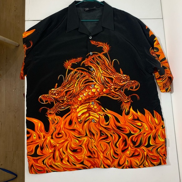 Y2K/90s Flame Dragon Button Up Shirt - XXL - Picture 2 of 9